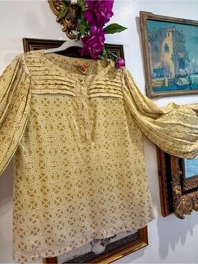 Tory Burch Yellow Geometric 100% Silk Blouse